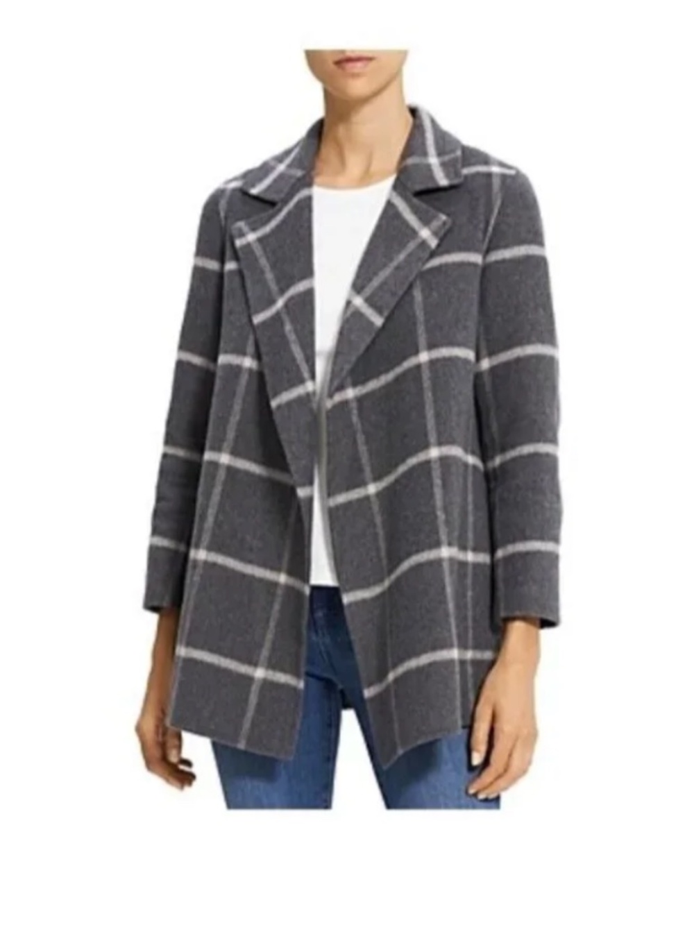 THEORY Clairene Woolten Check Bracelet-Sleeve Jacket Grey Size M